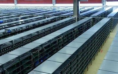 An eco-friendly mining rig setup in a sustainable hosting facility, showcasing efficient and green technology